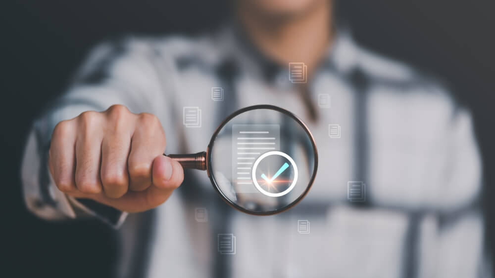 A person in a plaid shirt holds a magnifying glass, focusing on a digital document icon with a checkmark and graph. The blurred background enhances the magnified area, symbolizing detailed scrutiny often seen in government processes.